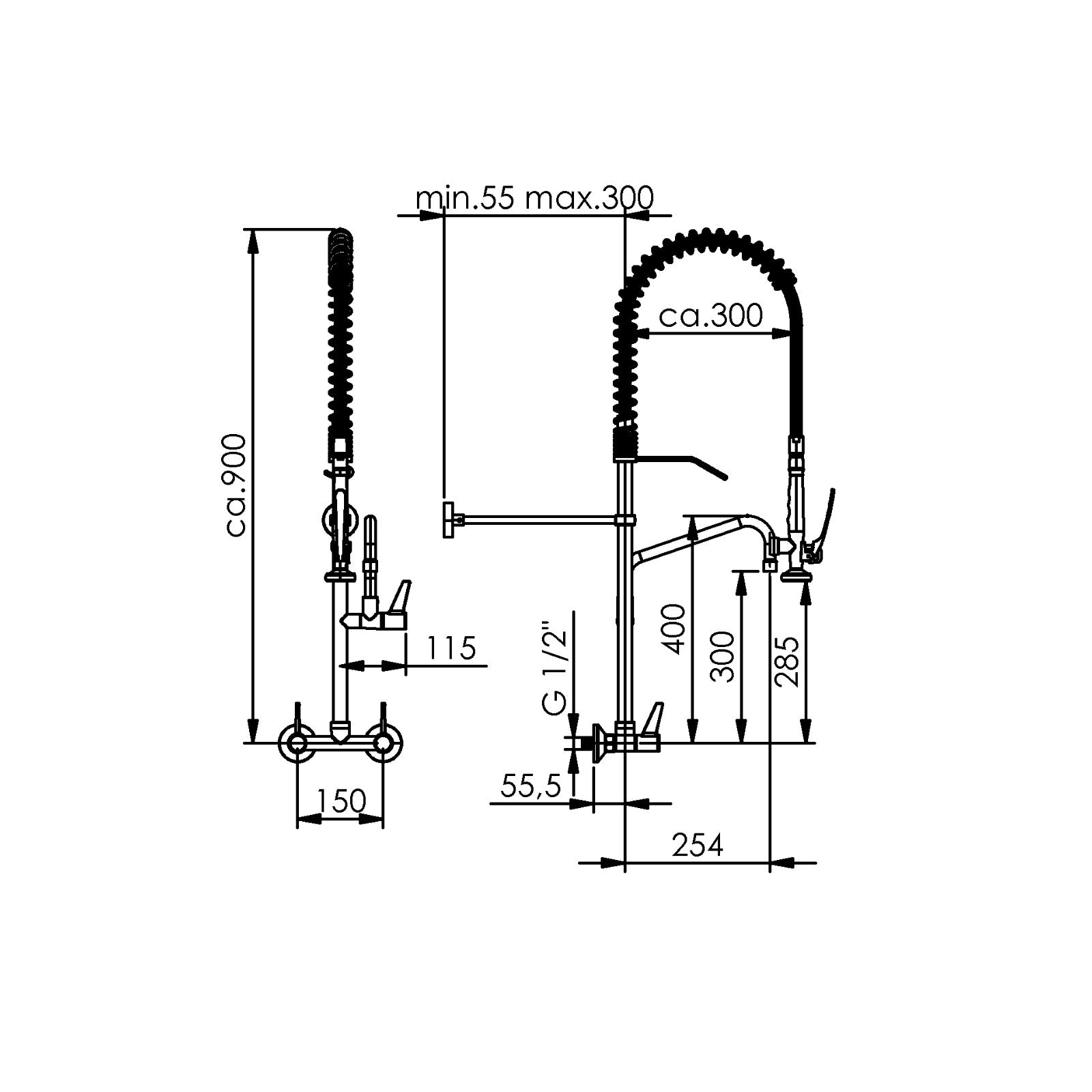 Echtermann ECOSTAR voorspoeldouche wandmodel met tussenkraan RVS 304 Artikel nummer 701-201/255-300
