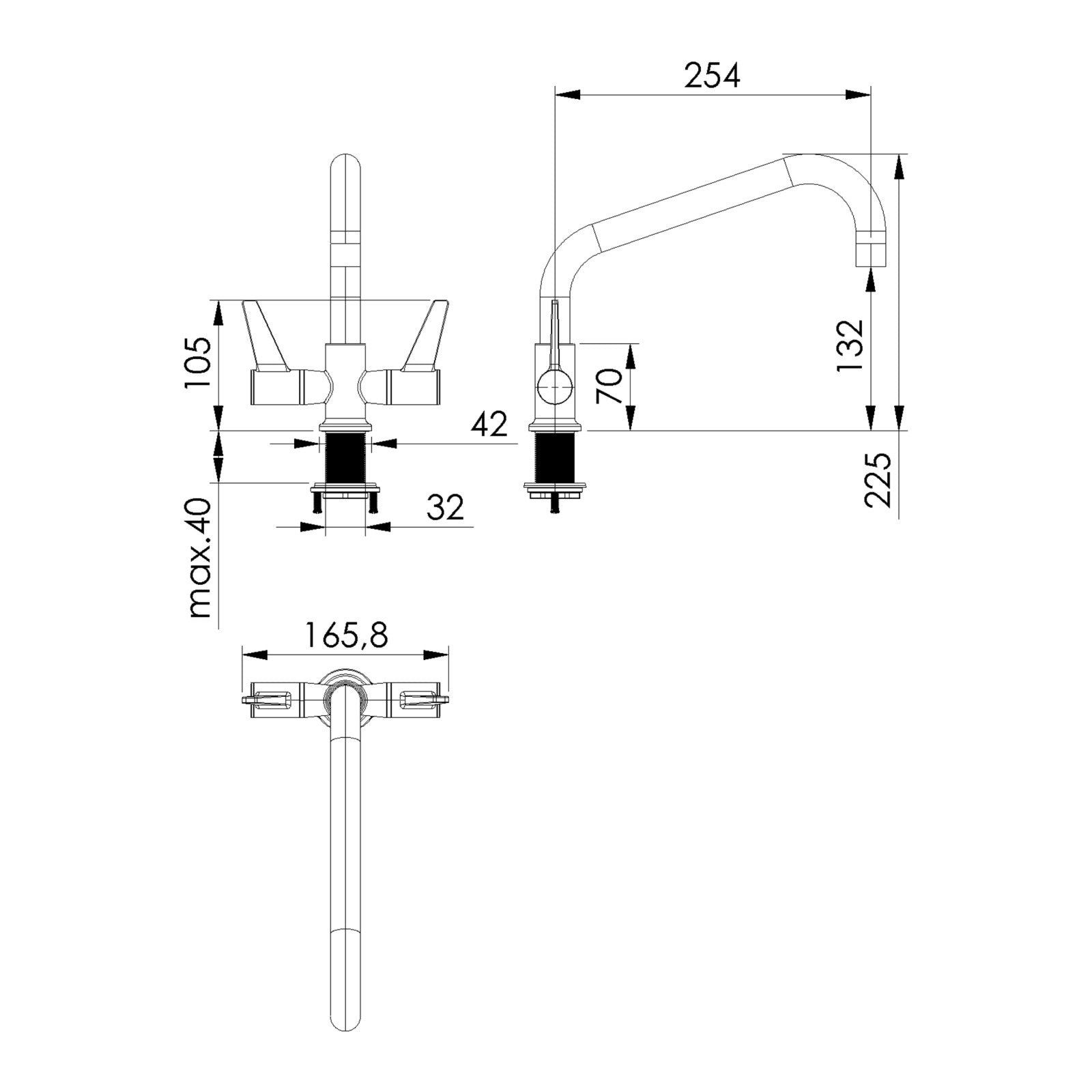 Echtermann ECOSTAR 2-greeps mengkraan 1-gats met draaibare uitloop A=254mm H=132mm RVS 304 Artikel nummer 720-101/255-130