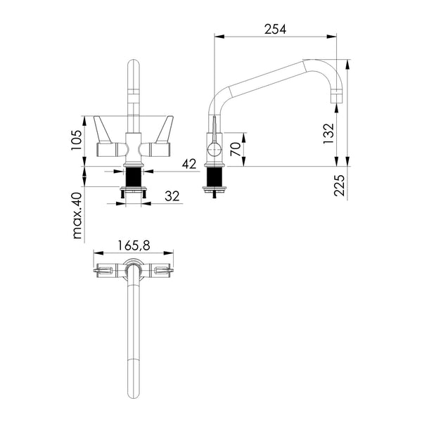 Echtermann ECOSTAR 2-greeps mengkraan 1-gats met draaibare uitloop A=254mm H=132mm RVS 304 Artikel nummer 720-101/255-130