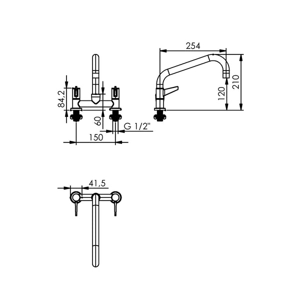 Echtermann ECOSTAR 2-greeps mengkraan 2-gats met draaibare uitloop A=254mm H=120mm RVS 304 Artikel nummer 720-201/255-120
