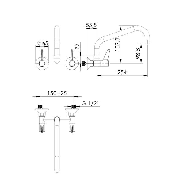 Echtermann ECOSTAR 2-greeps wandmengkraan met draaibare uitloop A=254mm H=100mm RVS 304 Artikel nummer 721-201/255-100
