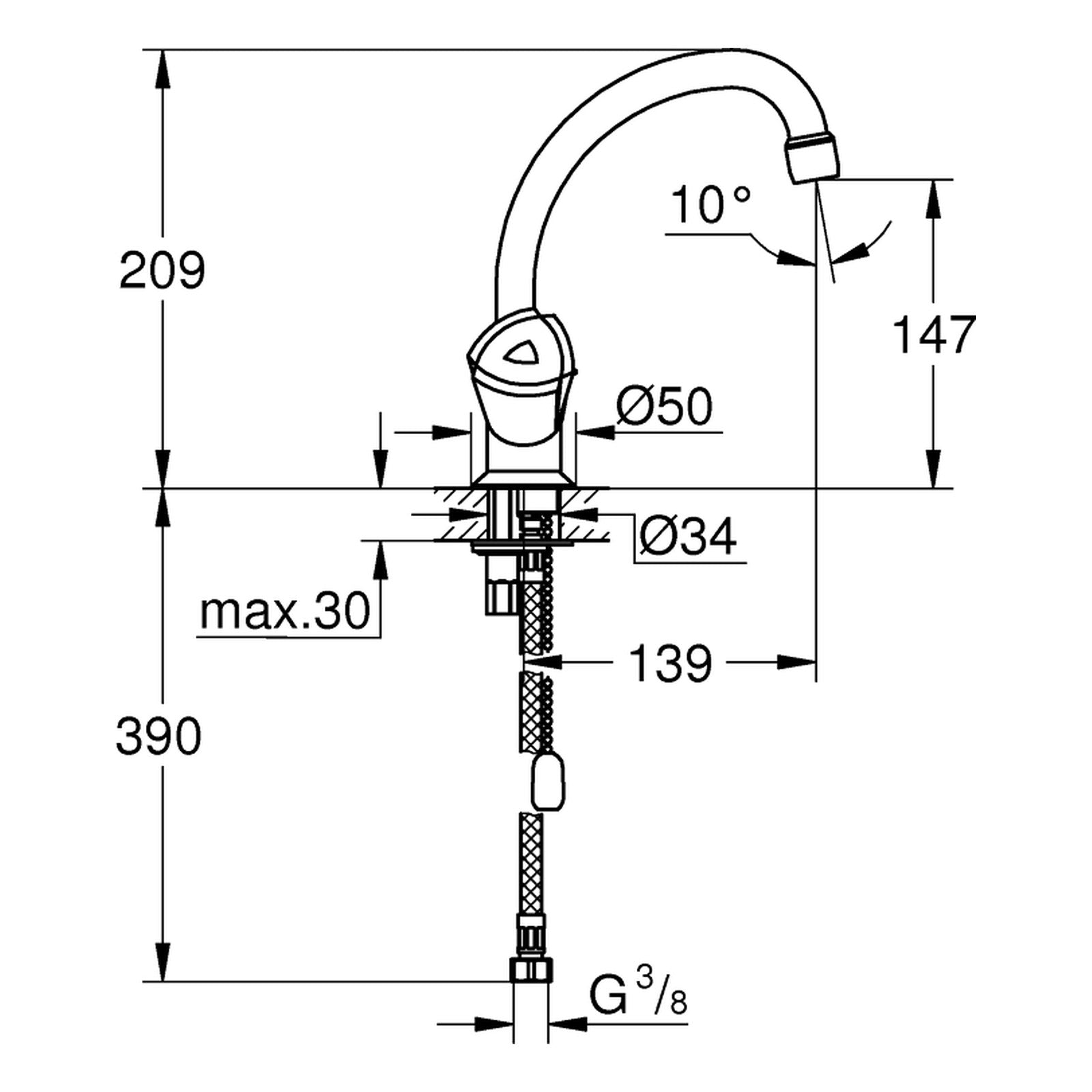 Maattekening Grohe Costa Trend wastafelmengkraan L-Size