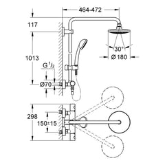 Maattekening Grohe Vitalio System 180 douchesysteem met thermostaatkraan