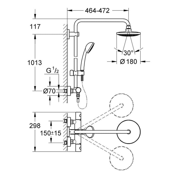Maattekening Grohe Vitalio System 180 douchesysteem met thermostaatkraan