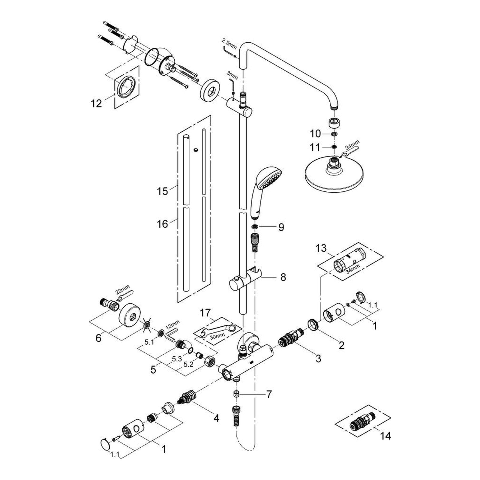 Onderdelentekening Grohe Vitalio System 180 douchesysteem met thermostaatkraan
