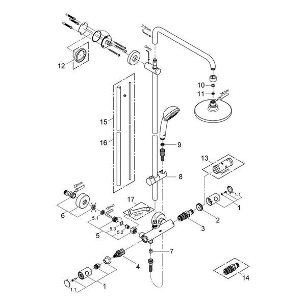 Onderdelentekening Grohe Vitalio System 180 douchesysteem met thermostaatkraan