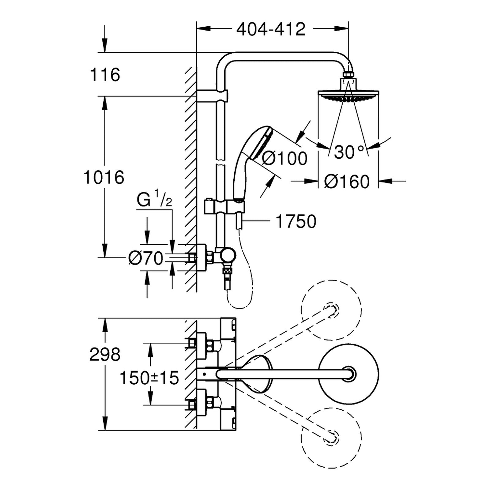Maattekening Grohe Vitalio Start System 160 douchesysteem met thermostaatkraan