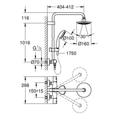 Maattekening Grohe Vitalio Start System 160 douchesysteem met thermostaatkraan