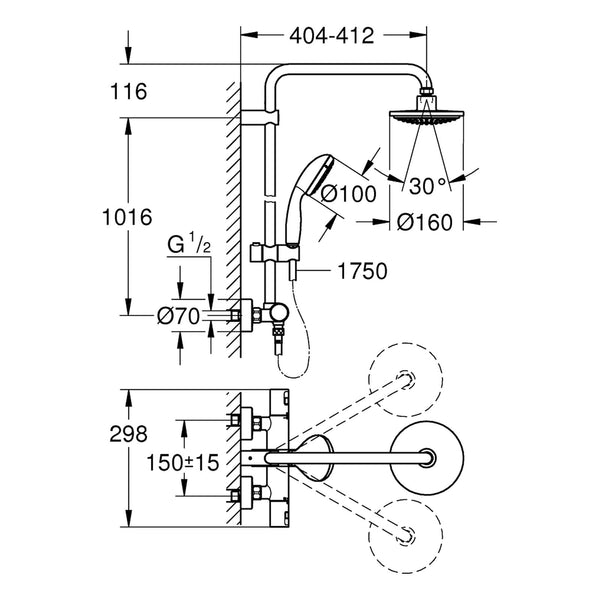 Maattekening Grohe Vitalio Start System 160 douchesysteem met thermostaatkraan