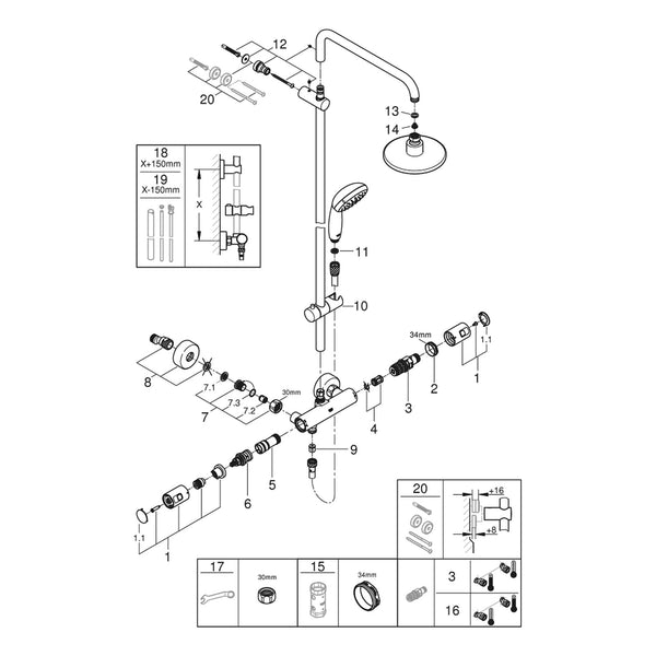 Onderdelentekening Grohe Vitalio Start System 160 douchesysteem met thermostaatkraan