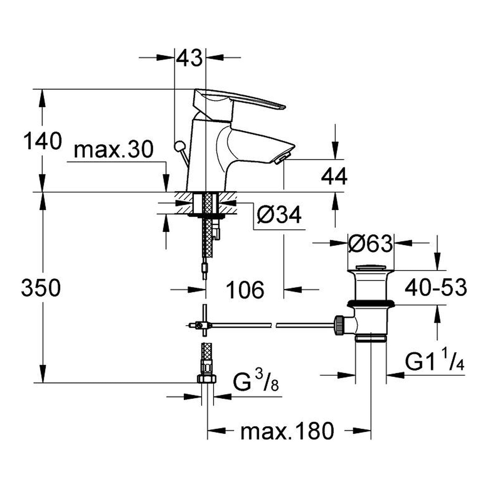 Maattekening Grohe Wave wastafelmengkraan