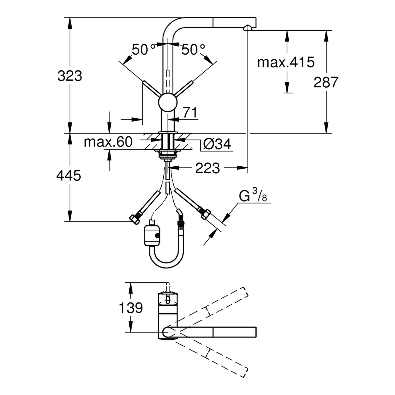 Maattekening Grohe Flair keukenmengkraan