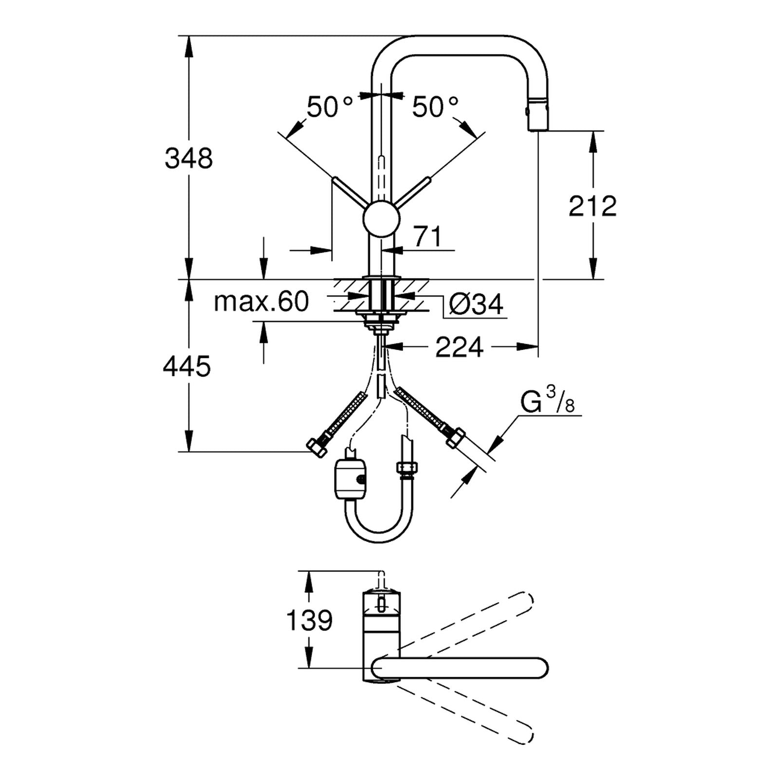 Maattekening Grohe Flair keukenmengkraan