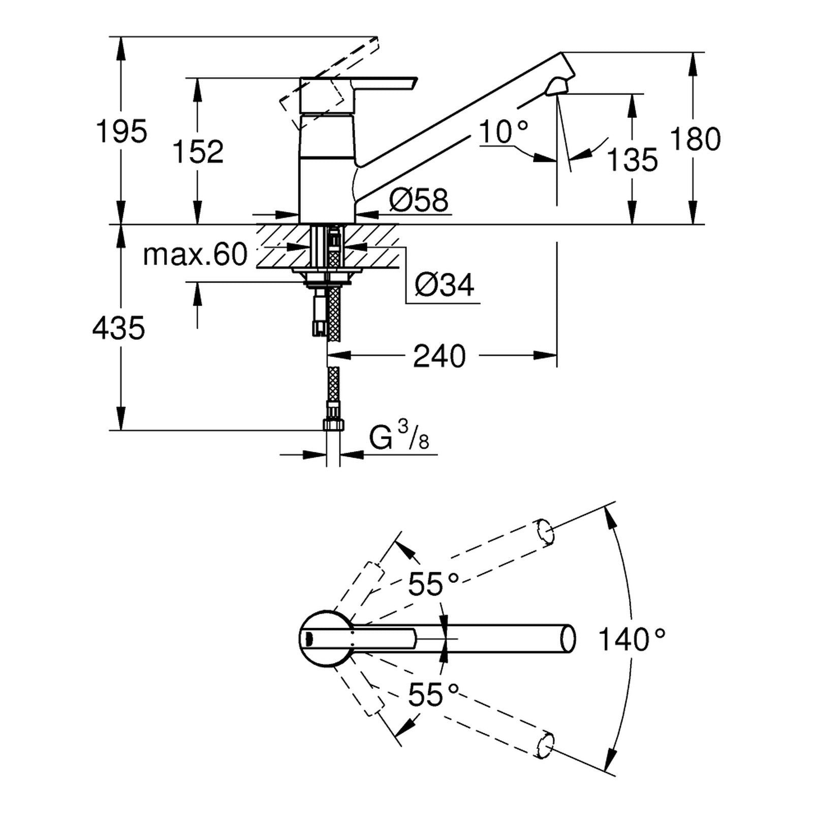 Maattekening Grohe Feel keukenmengkraan