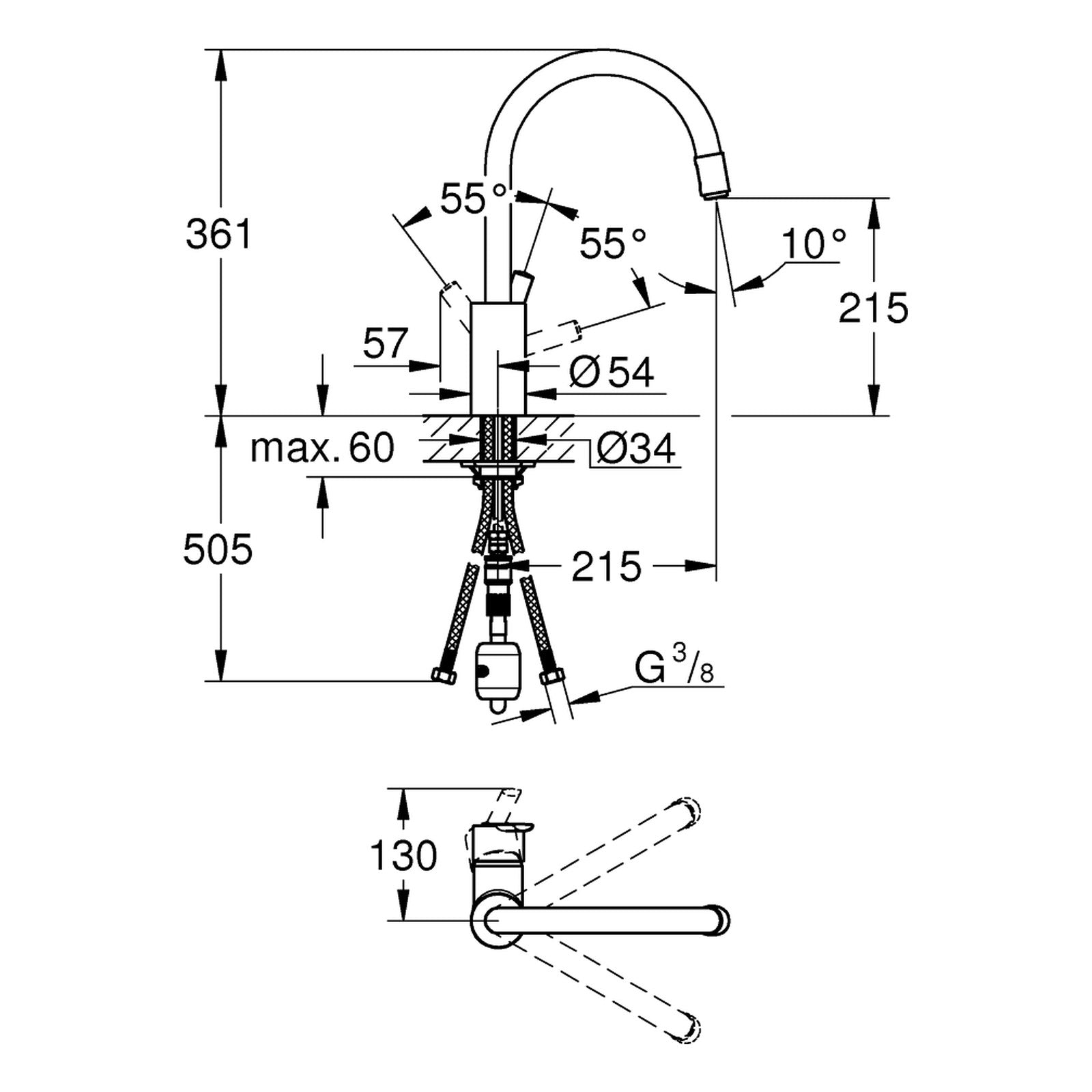 Maattekening Grohe Feel keukenmengkraan