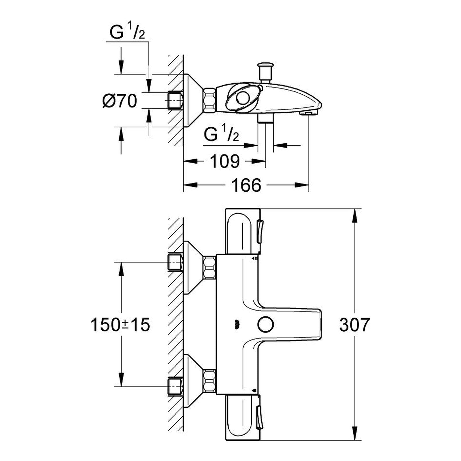 Maattekening Grohe Precision Trend thermostatische badmengkraan