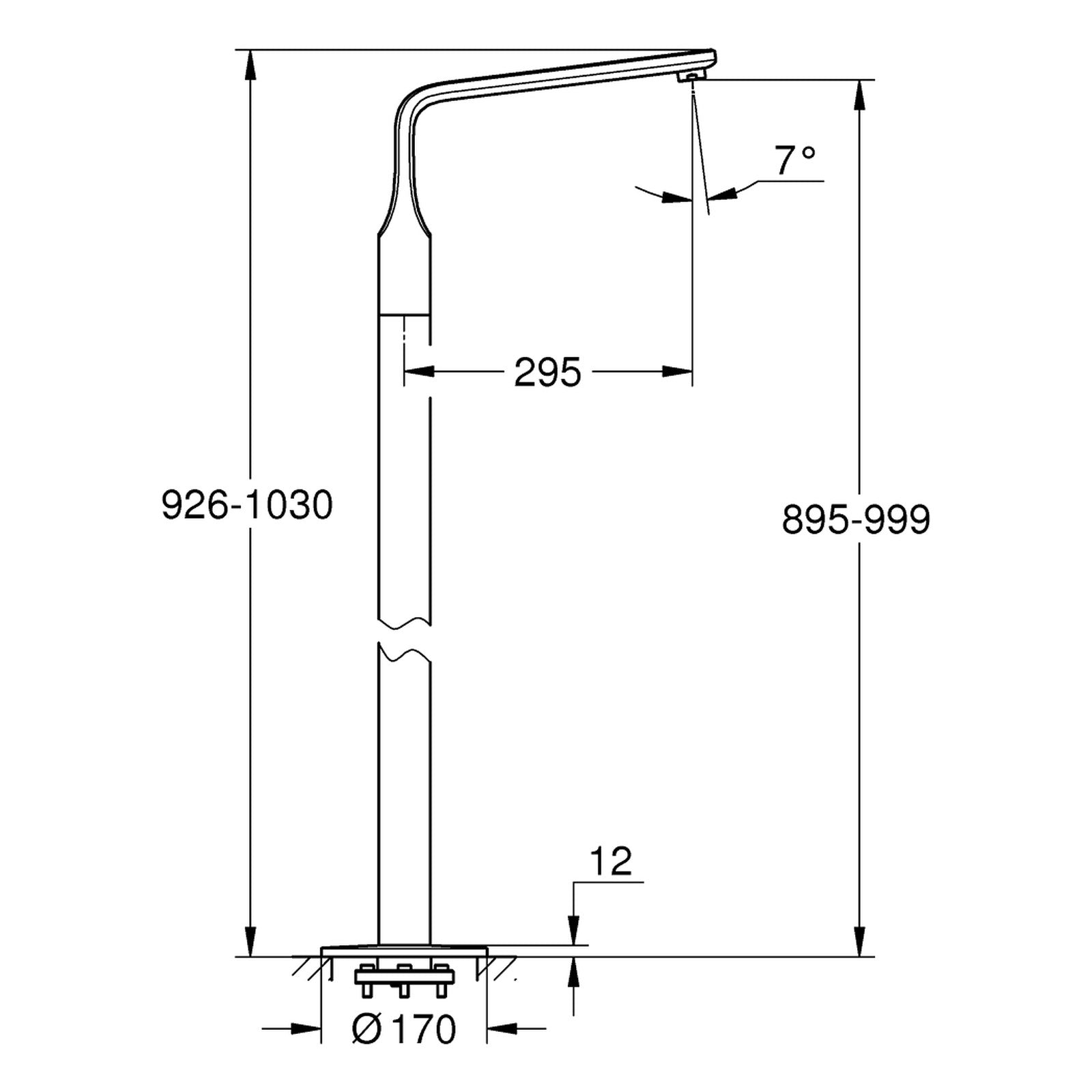 Maattekening Grohe Veris baduitloop, vloermontage
