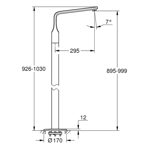 Maattekening Grohe Veris baduitloop, vloermontage