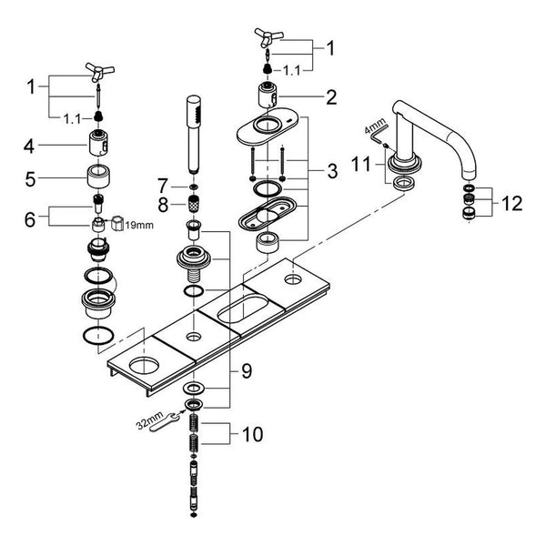 Onderdelentekening Grohe Atrio viergats badrandcombinatie