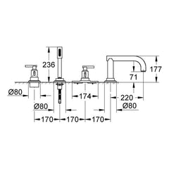 Maattekening Grohe Atrio viergats badrandcombinatie