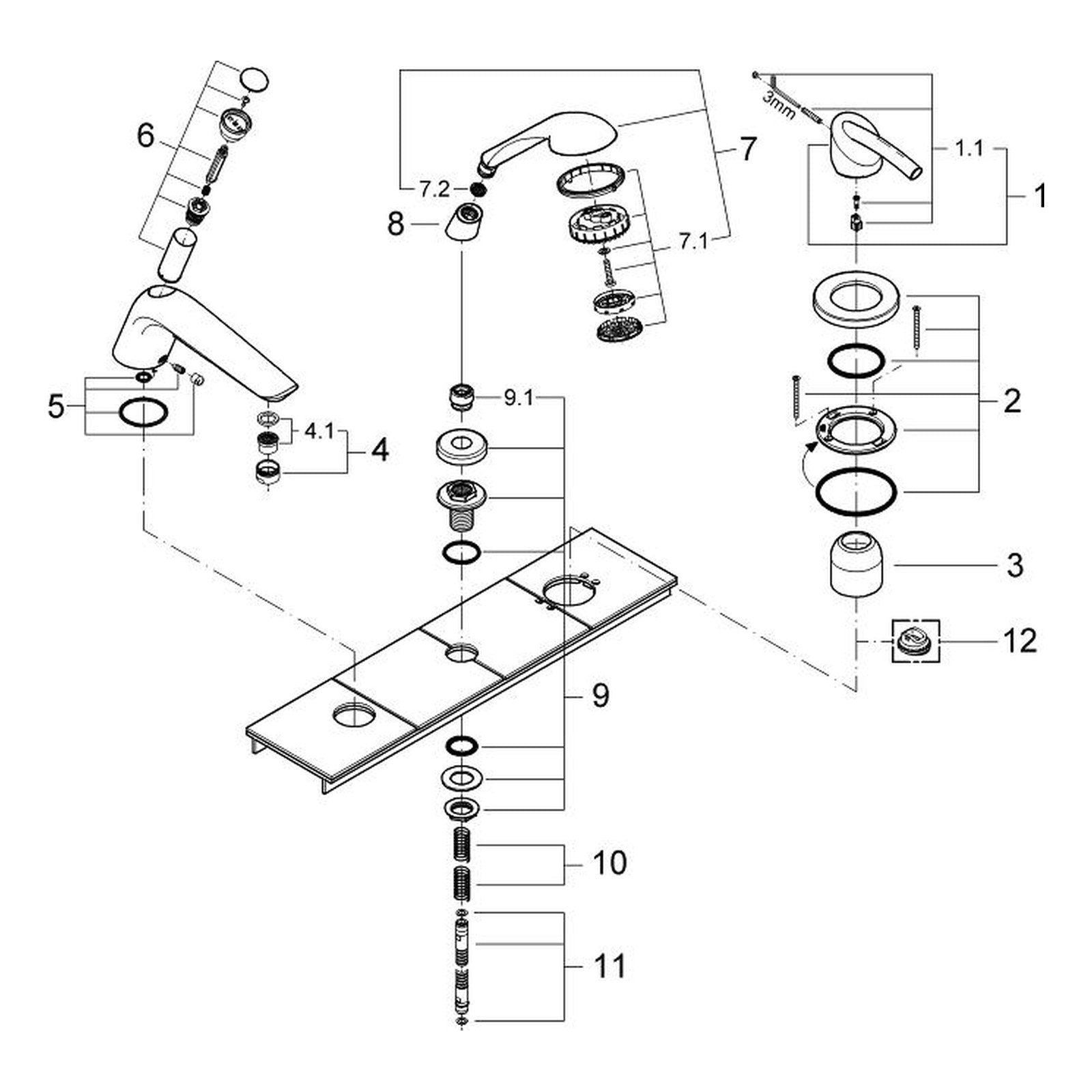 Onderdelentekening Grohe Tenso driegats badrandcombinatie 2001–2007