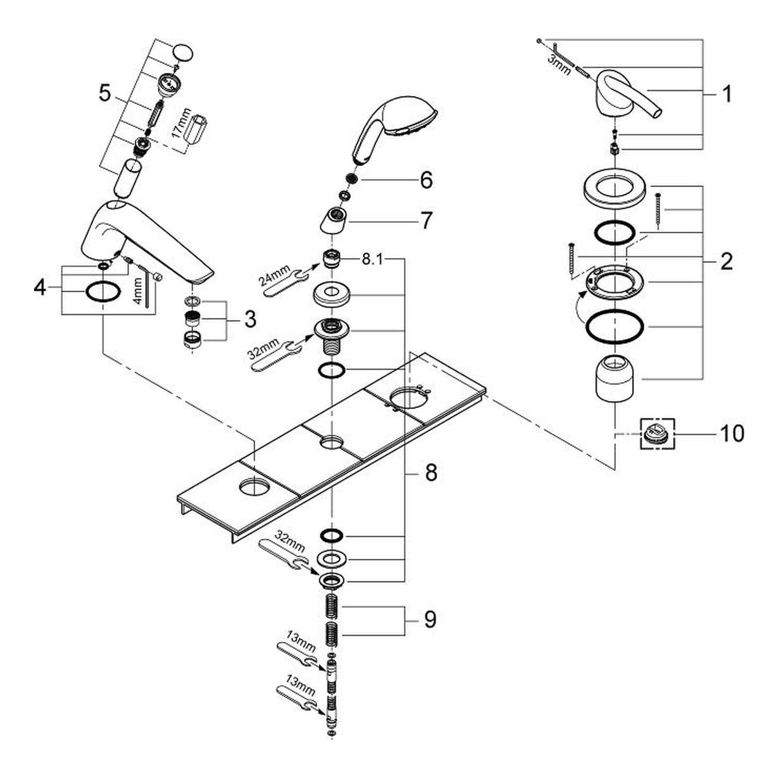 Onderdelentekening Grohe Tenso driegats badrandcombinatie