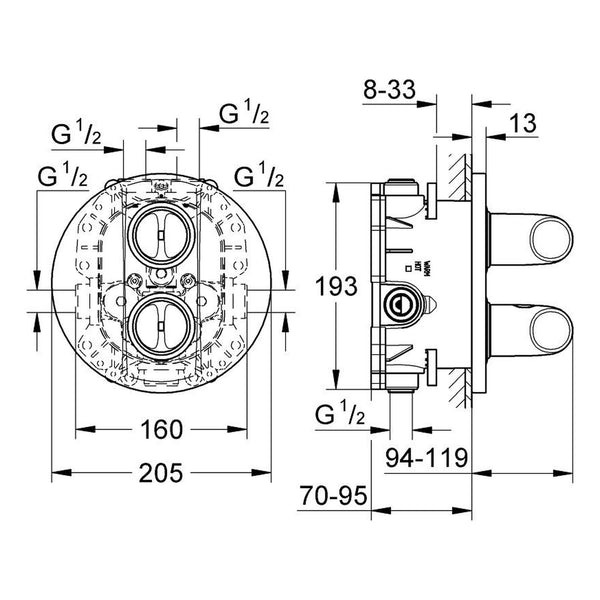 Maattekening Grohe Veris badthermostaat