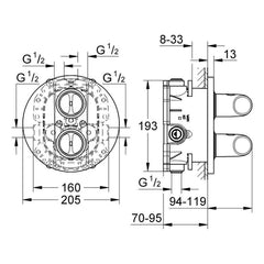 Maattekening Grohe Veris douchethermostaat