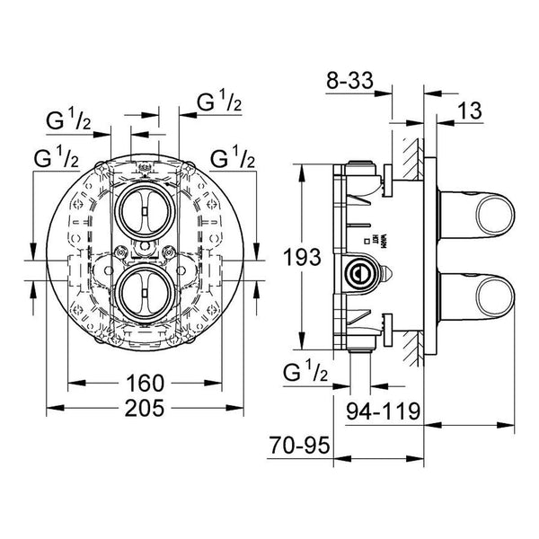 Maattekening Grohe Veris douchethermostaat