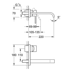 Maattekening Grohe Allure tweegats wastafelmengkraan M-Size