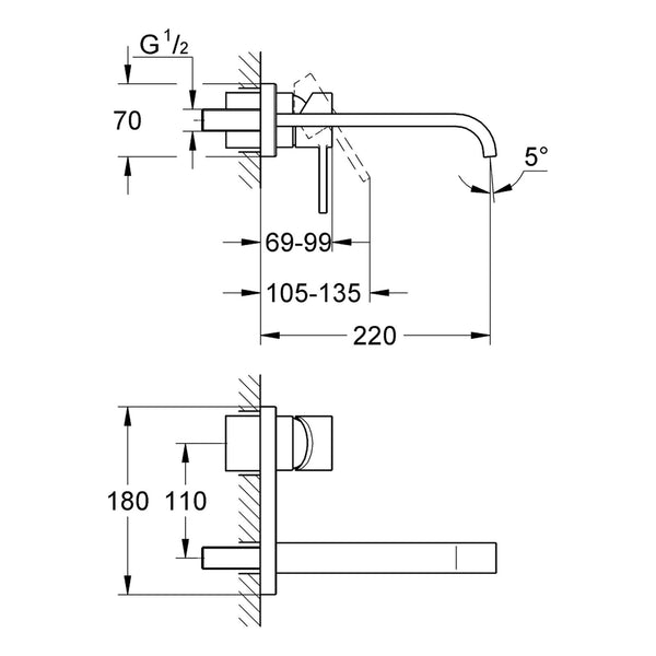 Maattekening Grohe Allure tweegats wastafelmengkraan M-Size