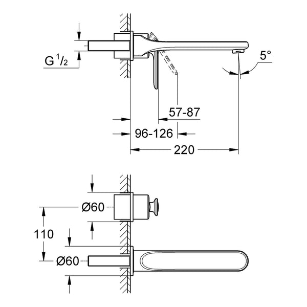 Maattekening Grohe Veris tweegats wastafelmengkraan M-Size