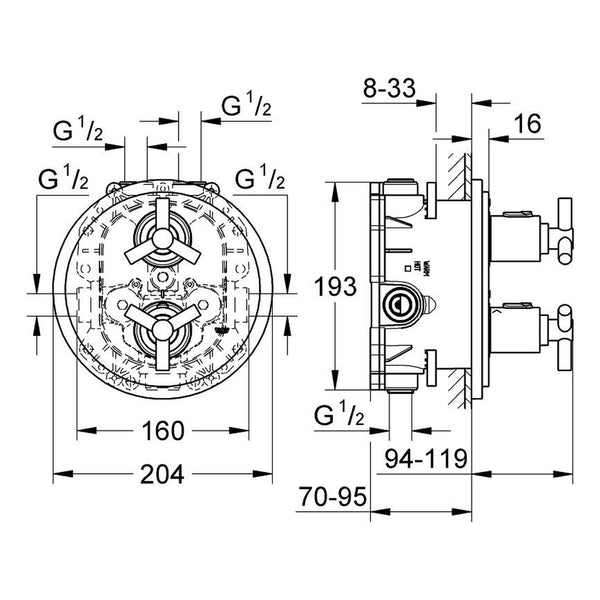Maattekening Grohe Atrio douchethermostaat
