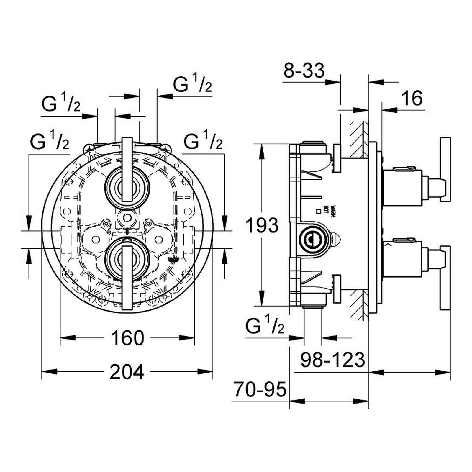 Maattekening Grohe Atrio douchethermostaat