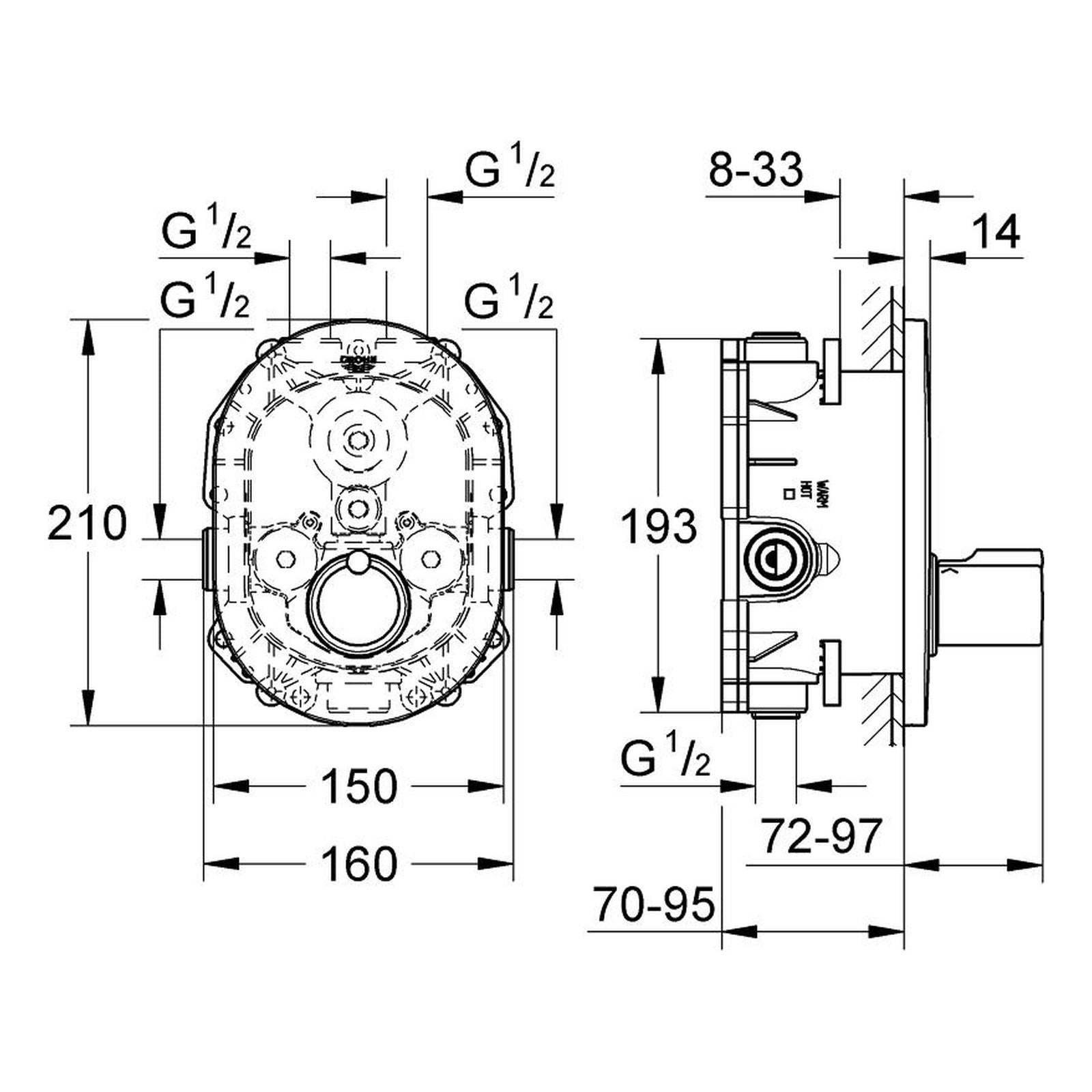 Maattekening Grohe Tenso centraal thermostaat