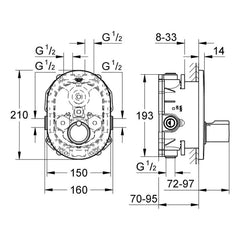 Maattekening Grohe Tenso centraal thermostaat