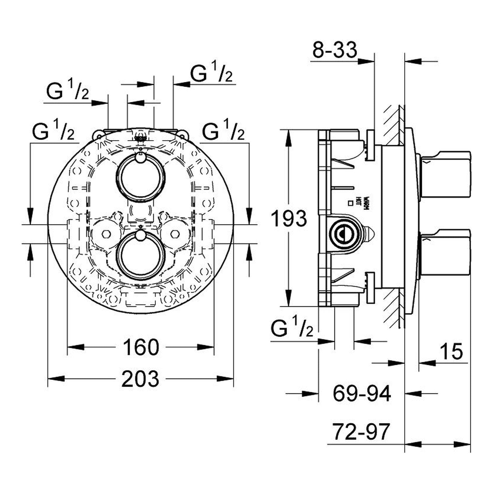 Maattekening Grohe Tenso douchethermostaat