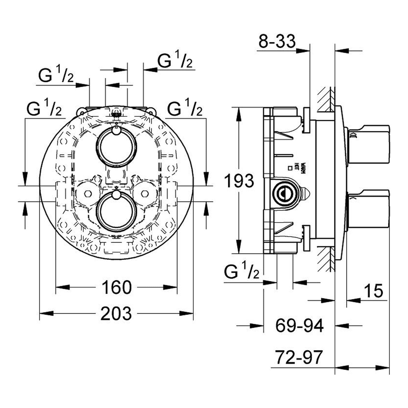 Maattekening Grohe Tenso badthermostaat