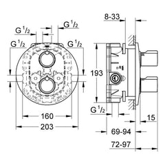 Maattekening Grohe Tenso badthermostaat