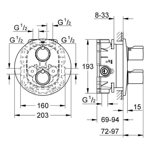 Maattekening Grohe Tenso badthermostaat