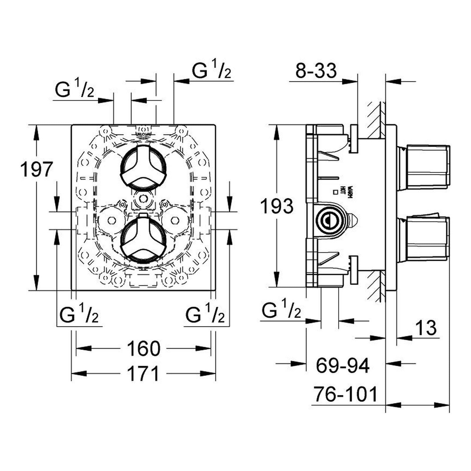 Maattekening Grohe Allure badthermostaat