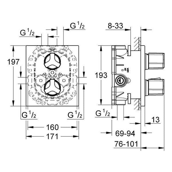 Maattekening Grohe Allure badthermostaat