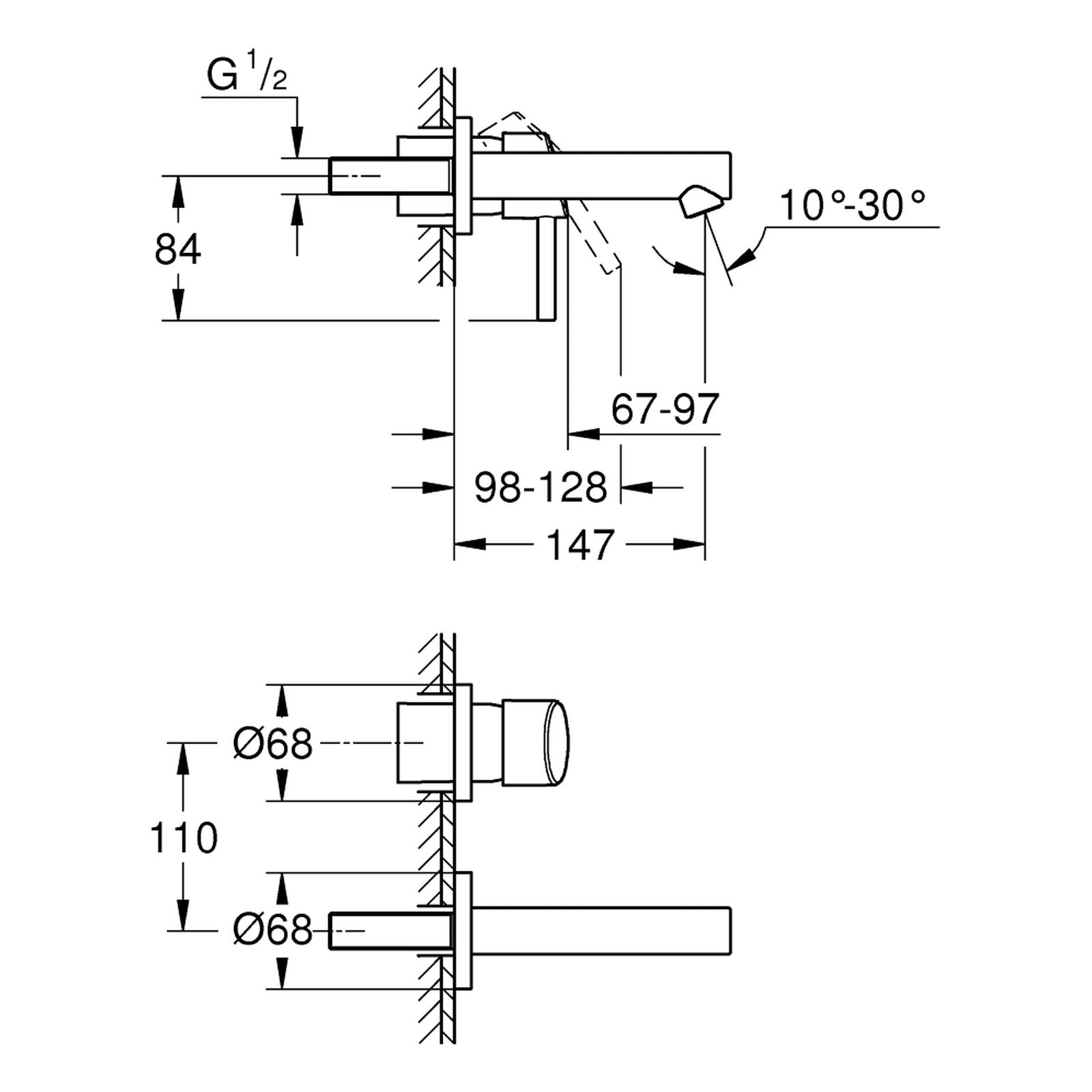 Maattekening Grohe Concetto tweegats wastafelmengkraan S-Size