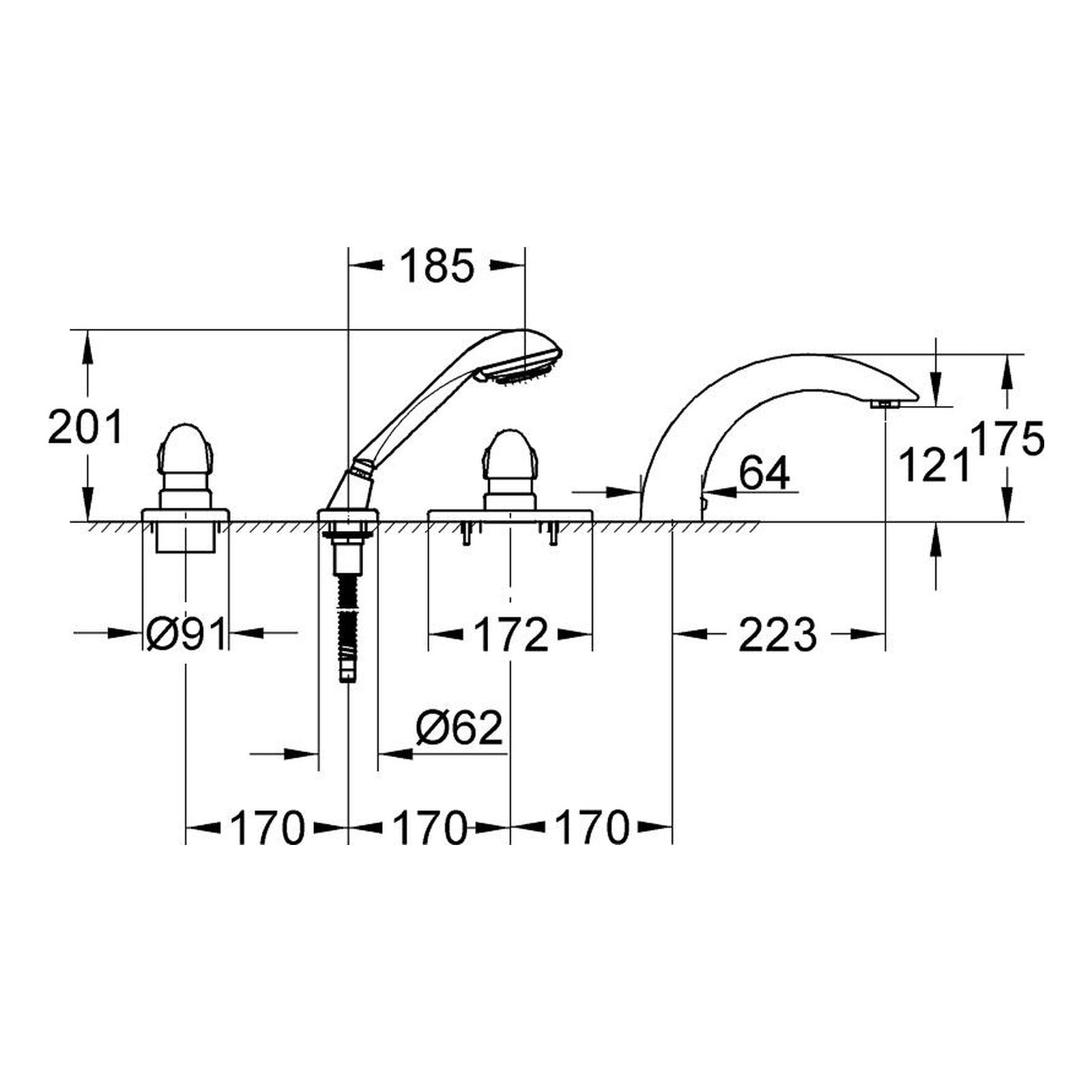 Maattekening Grohe Taron viergats badrandcombinatie