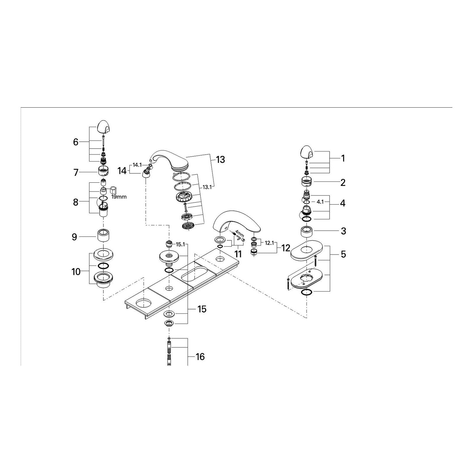 Onderdelentekening Grohe Taron viergats badrandcombinatie