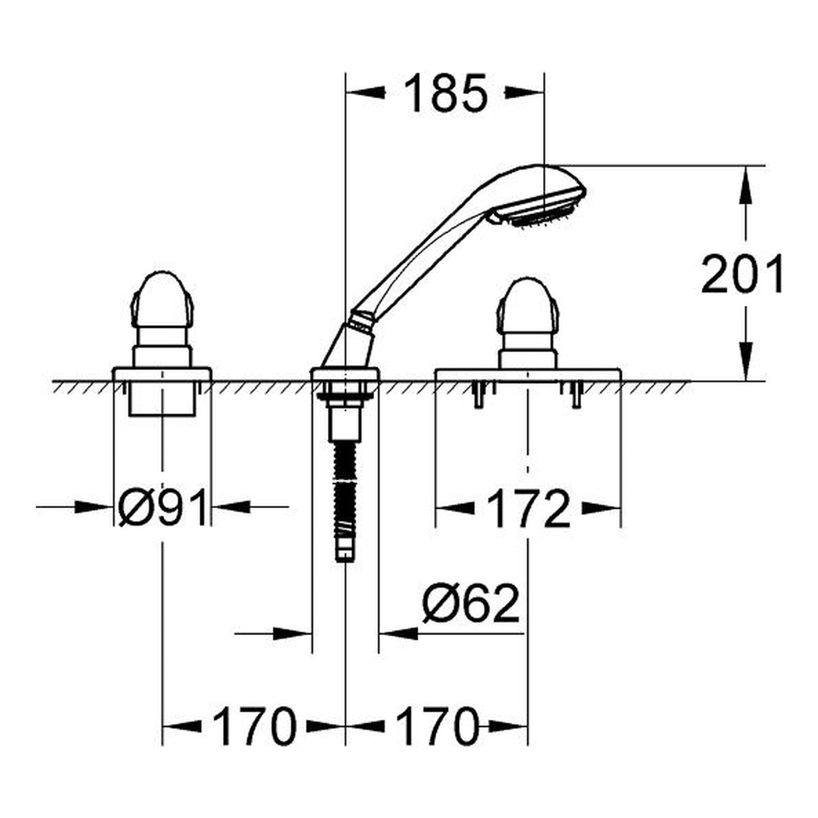 Maattekening Grohe Taron driegats badrandcombinatie