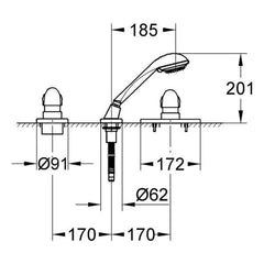Maattekening Grohe Taron driegats badrandcombinatie