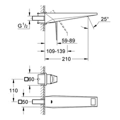 Maattekening Grohe Allure Brilliant tweegats wastafelmengkraan M-Size