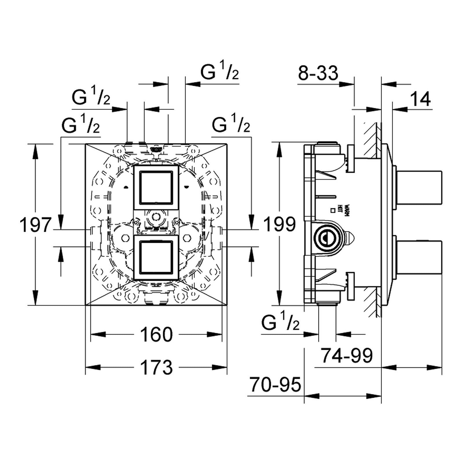 Maattekening Grohe Allure Brilliant douchethermostaat