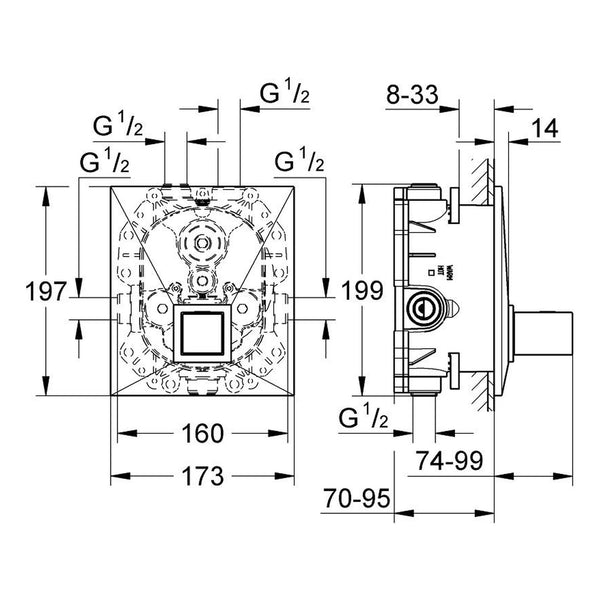 Maattekening Grohe Allure Brilliant centraal thermostaat
